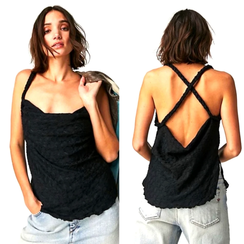Free People Black Lace Braided-Strap Cami